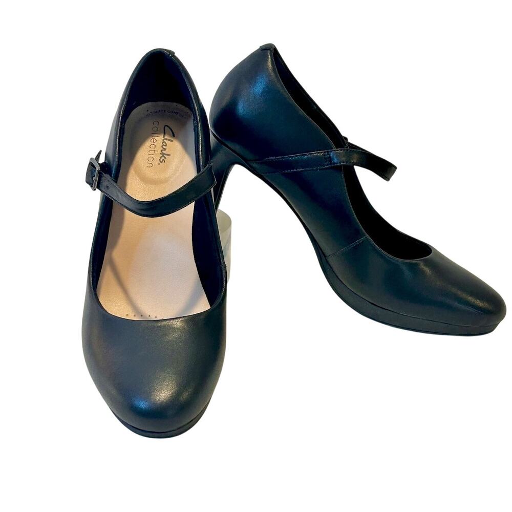 Clarks Mary Jane Black Leather High Heels Women 9.5 NWOB Coquette Preppy - Picture 2 of 5